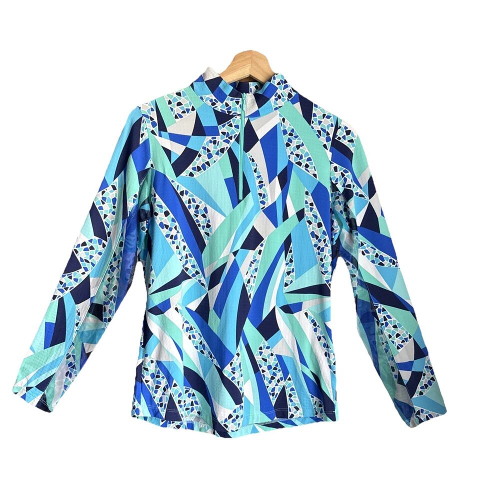 IBKUL Blue Geometric Print Mock Neck 1/4 Zip S Long Sleeve Pullover Top Golf